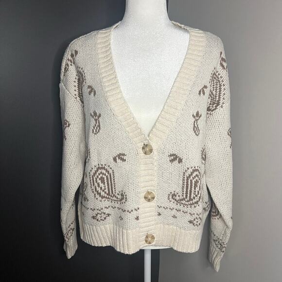 NWT American Eagle Woman’s Cream Brown Cropped Bandana Print Cardigan- Size L - Picture 1 of 12